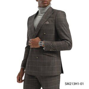 Brown Windowpane Double Breasted Peak Lapel Stacy Adams Men's Suit